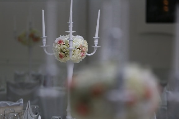 elegante, stearinlys, lysestake, bukett, hvit, blomster, dekorasjon, bryllup, blomst, innendørs