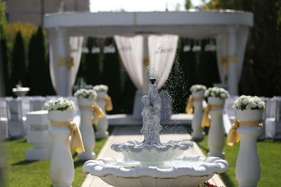 wedding venue, fountain, luxury, outdoor, sculpture, romance, wedding, flower, outdoors, ceremony