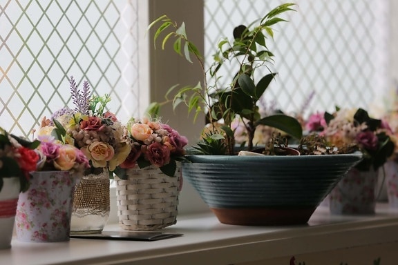dekoratívne, okno, kvetináča, tieň, Prútený košík, ručná práca, jar, Kytica, kvet, Váza
