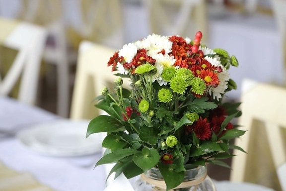 cafétéria, fleurs, bouquet, pot, fermer, décoration, fleur, arrangement, feuille, élégant