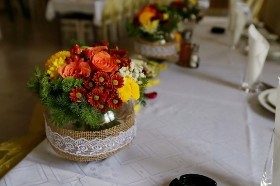 roser, buket, vase, Chrysanthemum, kantine, krukke, spiseplads, Boligindretning, bryllup, dekoration