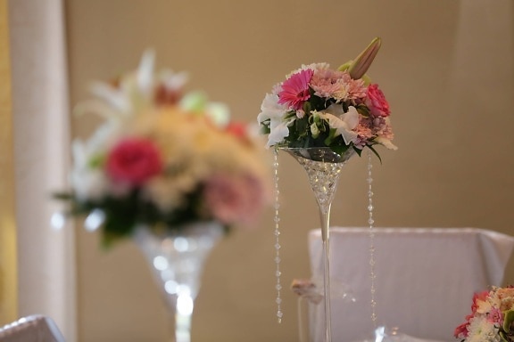 dekoration, bröllopslokal, bröllop, kristall, pärlor, vas, Kärlek, rosa, blommor, eleganta