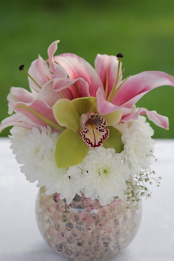 ljiljan, ružičasto, buket, orhideja, vaza, kristal, elegantan, cvijeće, aranžman, roza