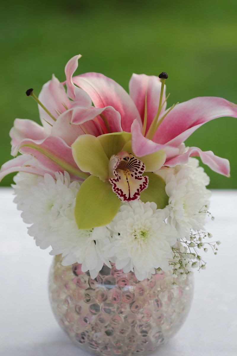 lilie, růžovo, kytice, orchidej, váza, krystal, elegantní, květiny, uspořádání, růžová