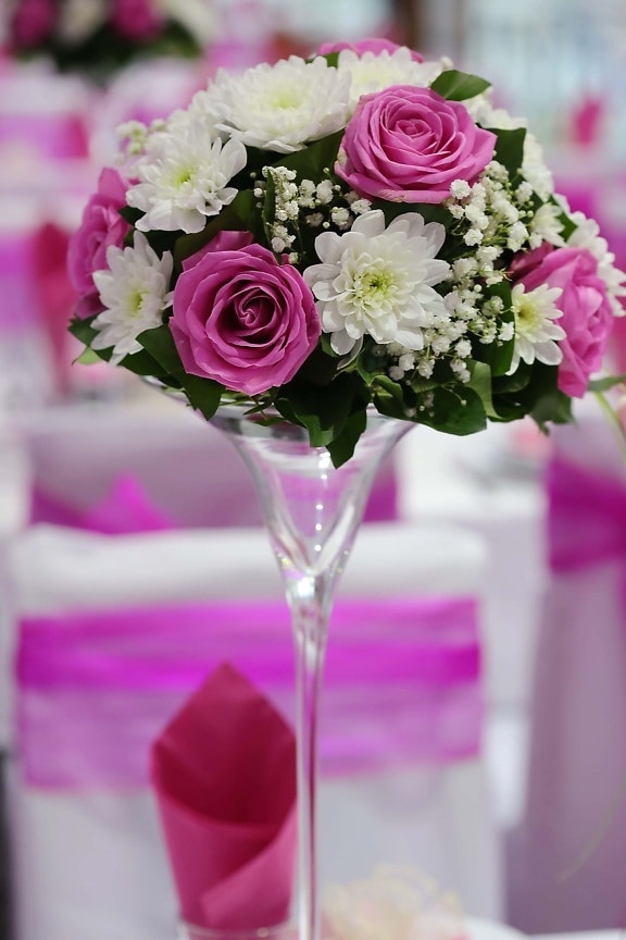 Crystal, vase, élégant, bouquet, fleurs, rosâtre, mariage, romance, décoration, nature