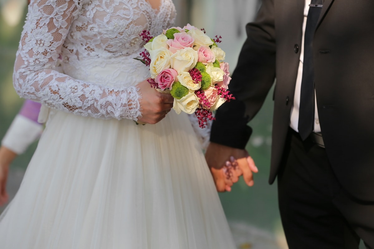 bryllup, bryllup buket, bryllupskjole, ceremoni, hænder, bruden, brudgom, buket, ægteskab, kjole