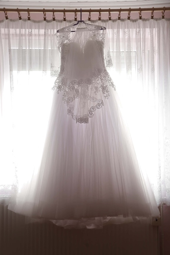 wedding dress, dress, hanging, window, white, light, backlight, fashion, wedding, curtain