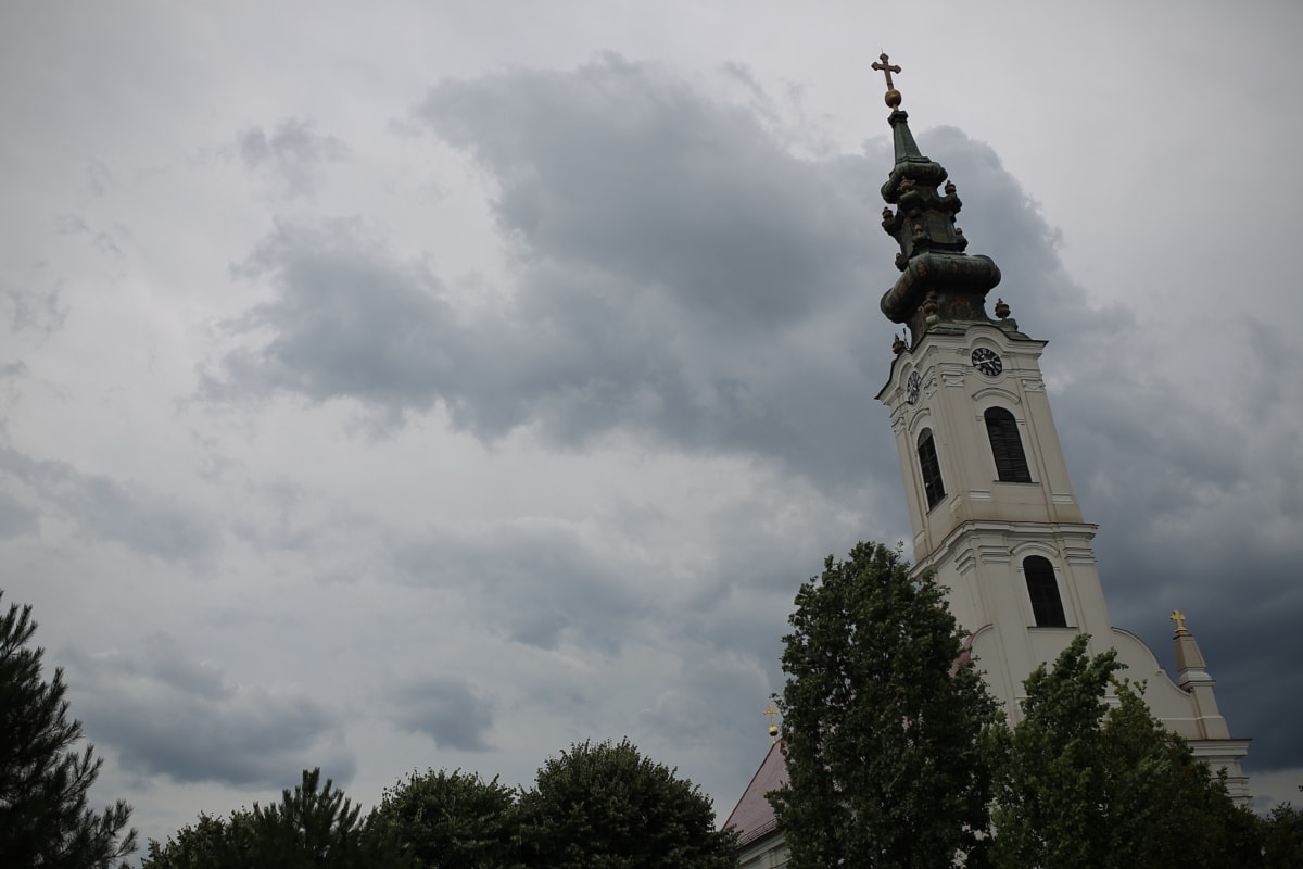 kerktoren, slecht weer, wolken, kerk, schemering, gebouw, toren, het platform, religie, Kathedraal