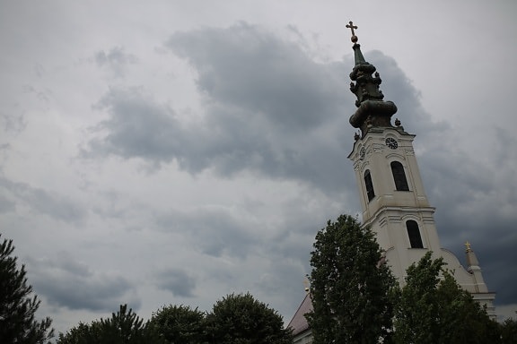 church tower, bad weather, clouds, church, dusk, building, tower, architecture, religion, cathedral