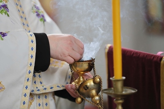 ceremony, priest, christianity, candle, smoke, religion, gold, traditional, spirituality, celebration
