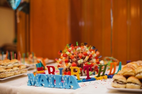 рожден ден, партия, снек, храна, дървен материал, захар, вкусни, закрито, бонбони, традиционни