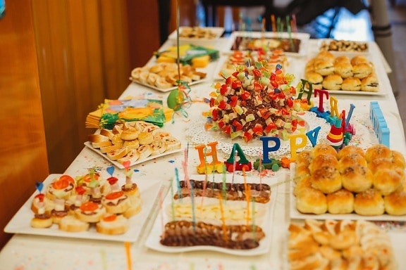 happy, birthday, party, buffet, baked goods, cookies, decoration, birthday cake, plate, restaurant