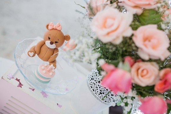 gâteau d’anniversaire, ours en peluche, bouquet, décoration, arrangement, fleur, Rose, engagement, célébration, anniversaire