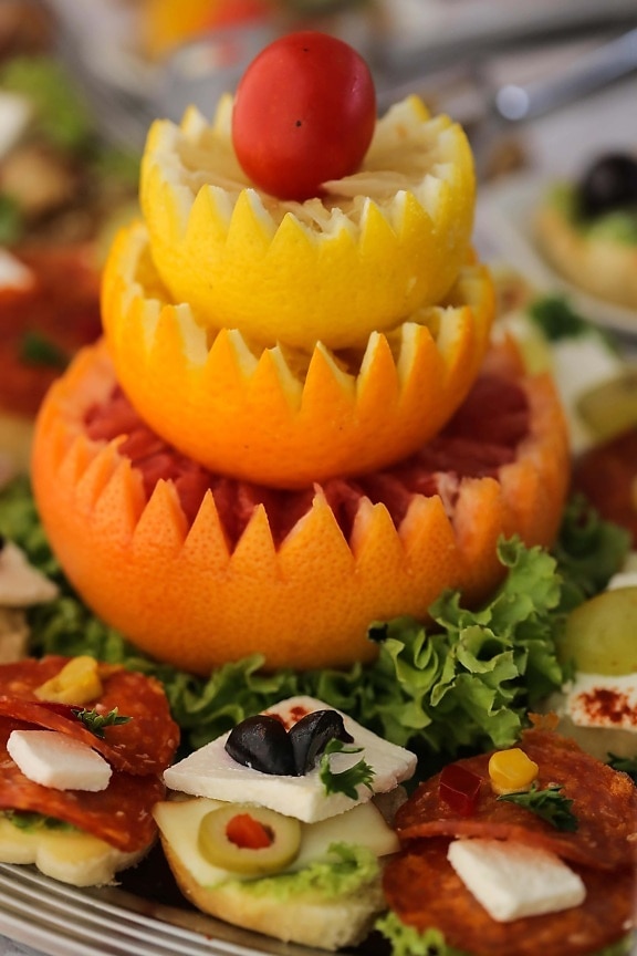 appetizer, orange peel, carvings, citrus, salad bar, delicious, salad, food, fresh, orange