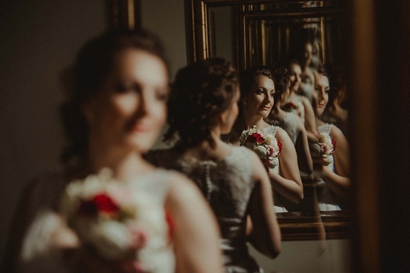 bride, mirror, salon, reflector, wedding dress, wedding bouquet, portrait, wedding, indoors, woman