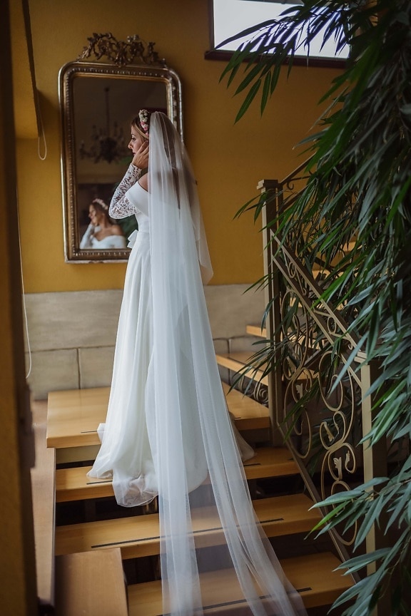 long, veil, staircase, apartments, wedding dress, bride, wedding, dress, groom, fashion