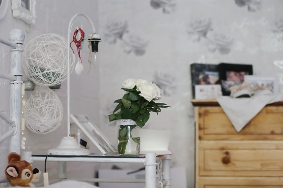 bedroom, vintage, elegant, bed, vase, furniture, lamp, jar, teddy bear toy, interior design