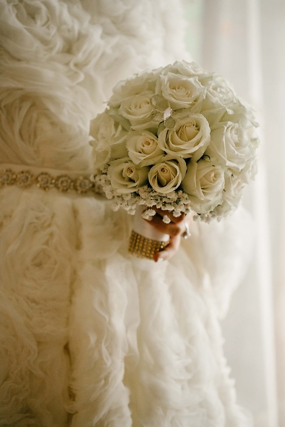 wedding dress, handmade, dress, elegant, wedding bouquet, sepia, bouquet, wedding, bride, rose