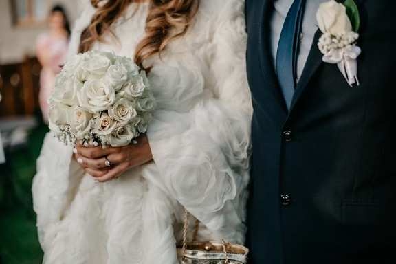Hochzeitskleid, Braut, Bräutigam, Hochzeit, Zeremonie, Eleganz, stehende, Outfit, Blumenstrauß, Ehe