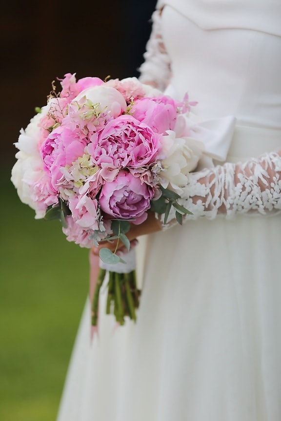 bride, holding, wedding bouquet, wedding, pink, bouquet, romance, marriage, rose, engagement
