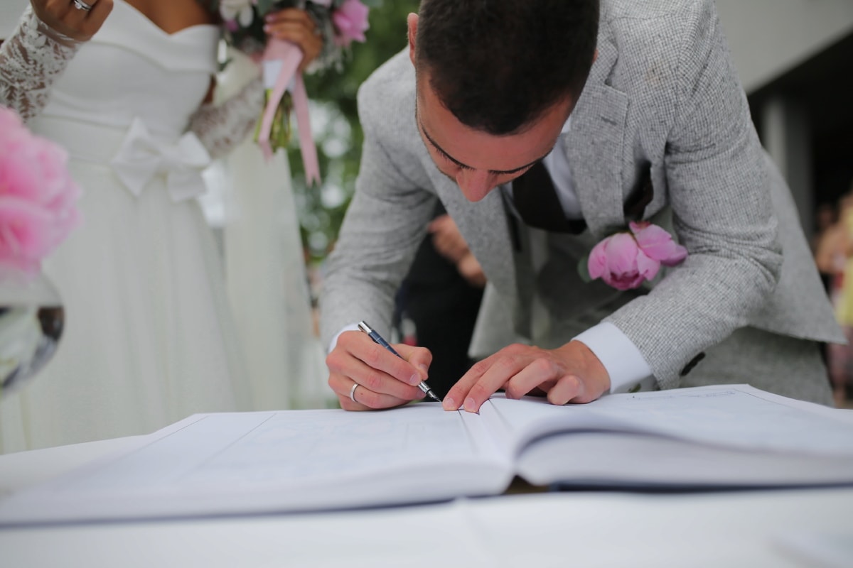 noivo, assinatura, documento, casamento, homem, mulher, pessoas, pessoa, Trabalhando, casamento