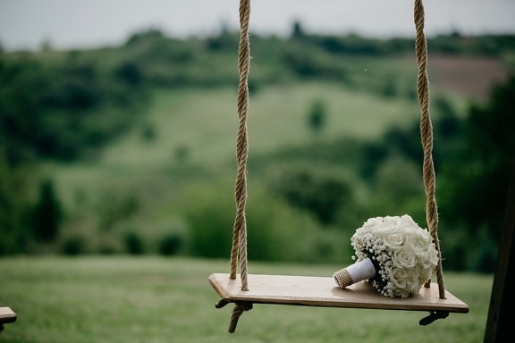swing, roses, wedding bouquet, hills, outdoors, balance, hanging, rope, wood, nature