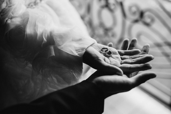 romantika, ruce, láska, snubní prsten, černobílý tisk, muž, Žena, rameno, zblízka, lidé