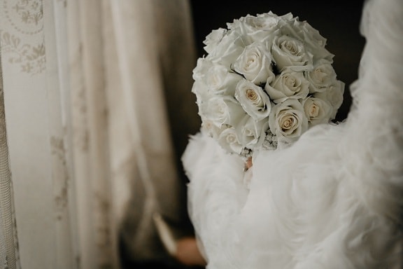 white flower, roses, bouquet, wedding dress, romantic, bride, love, wedding, decoration, arrangement