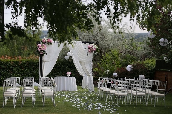 trouwlocatie, stoelen, bloementuin, elegante, meubilair, gazon, Receptie, tuin, bloem, bruiloft