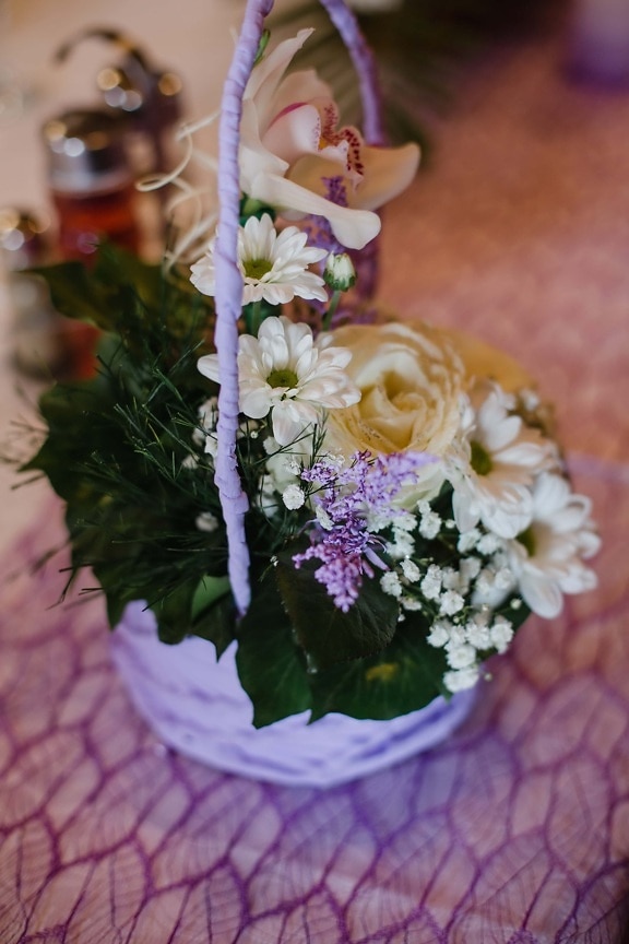 orchidea, wiklinowy koszyk, bukiet, Układ, biały kwiat, róże, kwiaty, kwiat, dekoracja, Róża