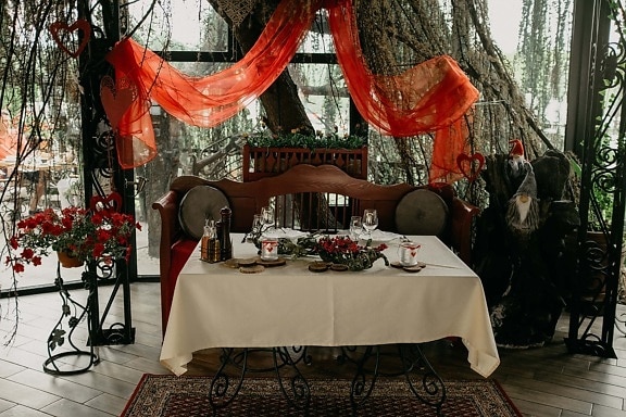 romantyczny, Kawiarnia, restauracja, część jadalna, meble, ślub, stół, Kurtyna, krzesło, Pokój