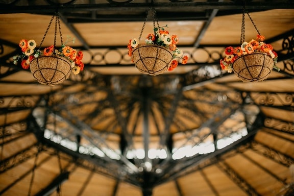 flowerpot, hanging, vintage, ceiling, framework, old, inside, light, indoors, color