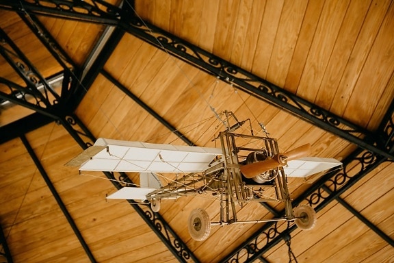 biplane, propeller, aircraft engine, aircraft, ceiling, hanging, vintage, interior decoration, wood, indoors