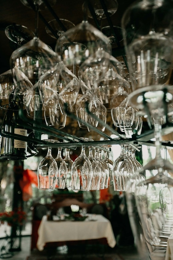 glassware, red wine, glass, hanging, restaurant, bottle, cafeteria, hotel, dining area, dining