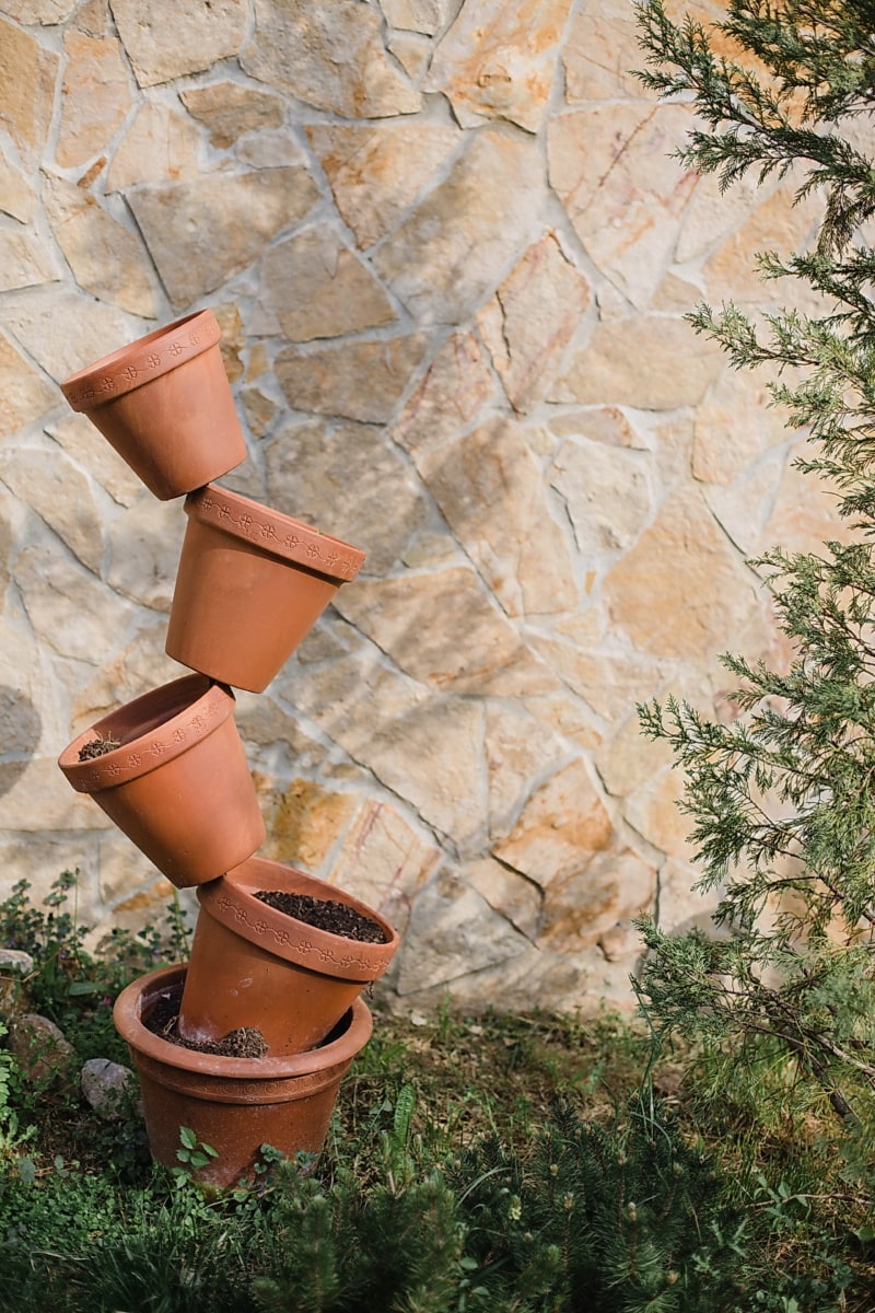 vertikal, keramik, pot bunga, keseimbangan, terakota, Zen, tembikar, batu, keramik, daun