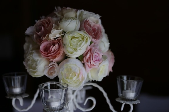 candlestick, glass, candles, bouquet, shadow, roses, flower, rose, romance, romantic