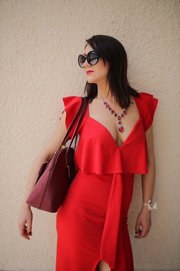 dress, red, sunglasses, fashion, necklace, pretty girl, gorgeous, model, girl, woman