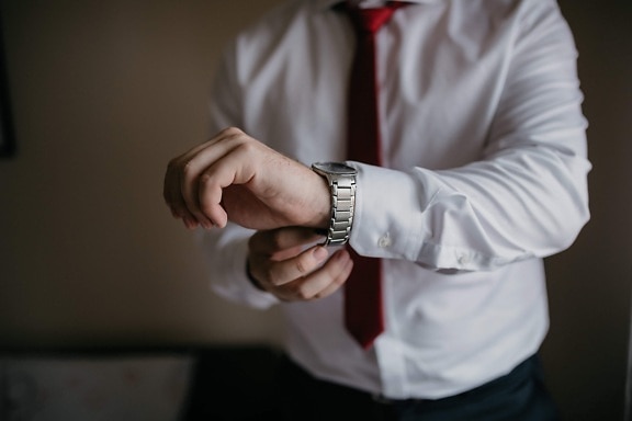 shirt, white, red, tie, hand, man, people, business, indoors, touch