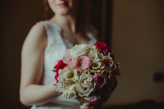 wedding bouquet, wedding dress, bride, romantic, vintage, decoration, flower, arrangement, rose, woman
