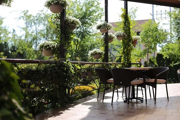 veranda, tuin, vloer, bloemen, bloempot, tafel, stoelen, patio, structuur, gebied