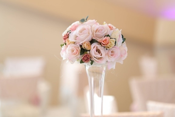 crystal, vase, transparent, glass, flowers, bouquet, pastel, roses, pink, romance