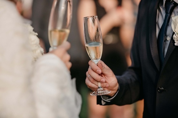 sposa, sposo, bere, champagne, vino bianco, vetro, cristallo, alcol, bere, bevande