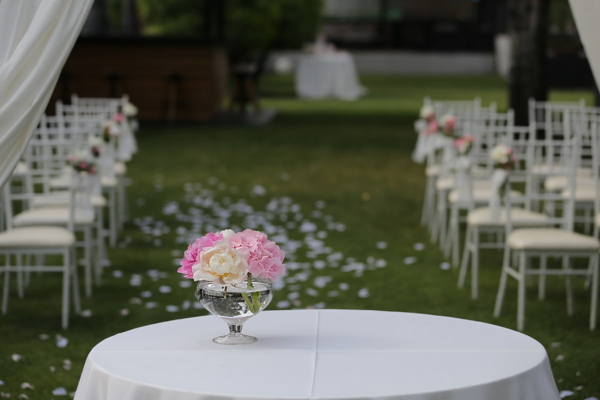 salle de mariage, vase, fleur, bouquet, jardin, blanc, chaises, chaise, mariage, luxe