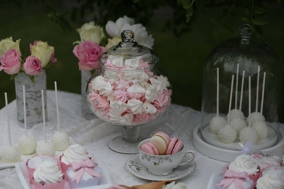 meringue, biscuit, dessert, lollipop, porcelain, candle, sugar, flower, rose, decoration