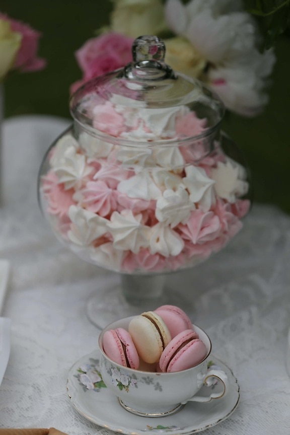 galletas, hecho a mano, rosado, azúcar, elegante, naturaleza muerta, merengue, vaso, romance, tradicional