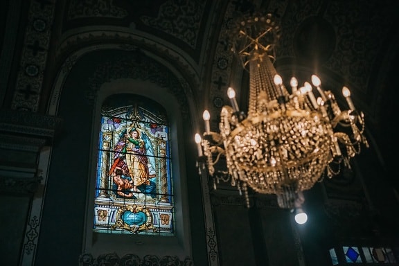 stained glass, window, saint, church, inside, crystal, chandelier, luxury, baroque, darkness