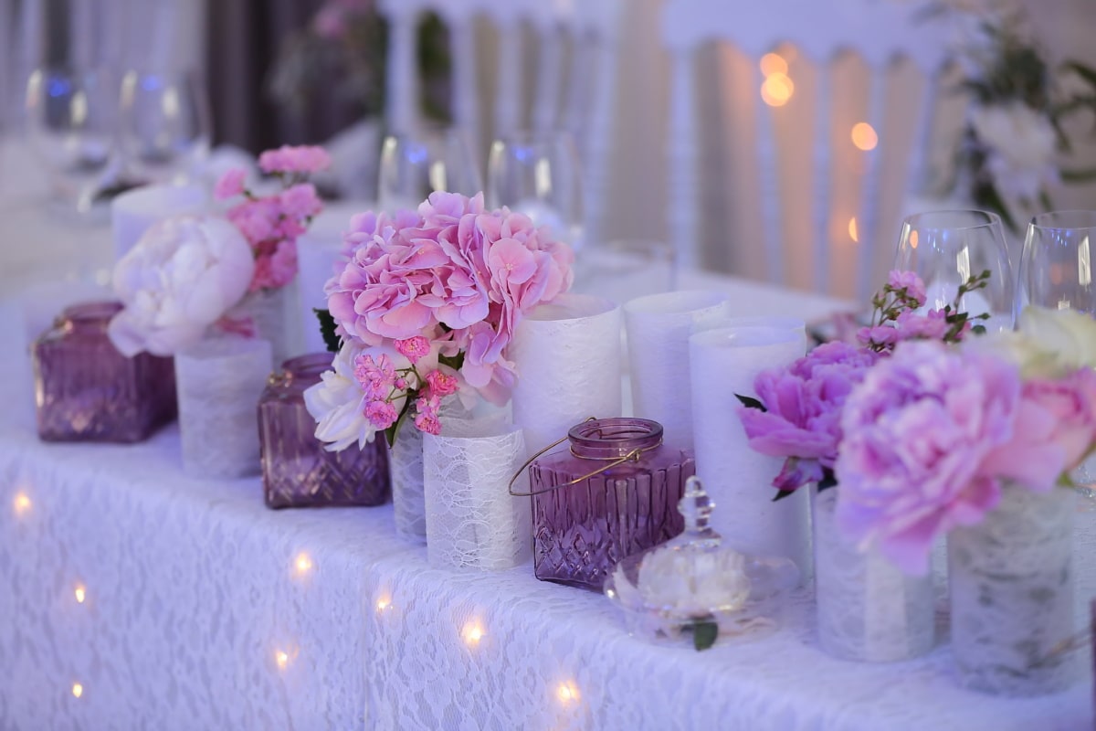 dekorasi, romantis, lilin, lilin, pernikahan, karangan bunga, bunga, naik, masih hidup, vas