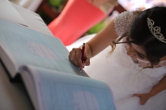 bride, sign, signature, marriage, holding pencil, book, people, woman, wedding, girl
