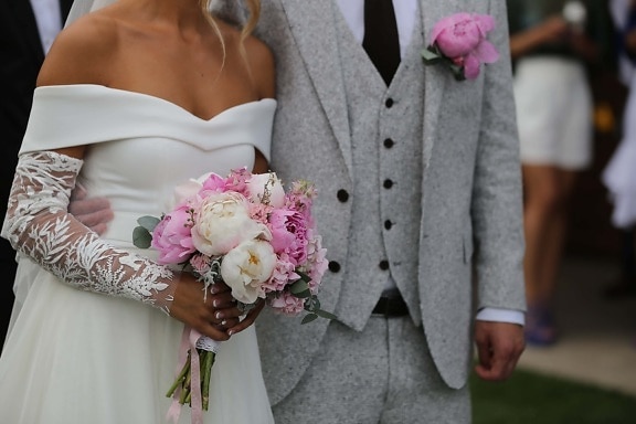Braut, Hochzeit, Blumenstrauß, Anordnung, Liebe, Bräutigam, Frau, Mode, Zeremonie, Menschen