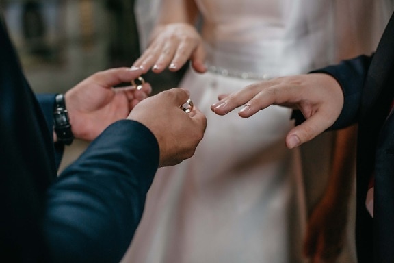 kmotr, nevěsta, ženich, snubní prsten, ruce, svatba, Žena, ruka, muž, lidé